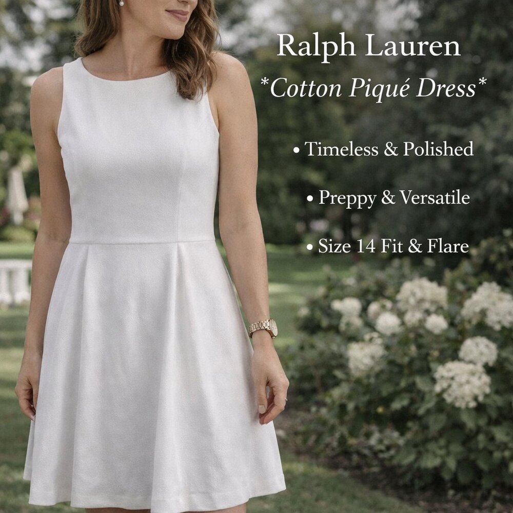 Ralph Lauren White Cotton Pique Fit & Flare Dress Nautical A-Line 14 Coastal - Picture 3 of 8